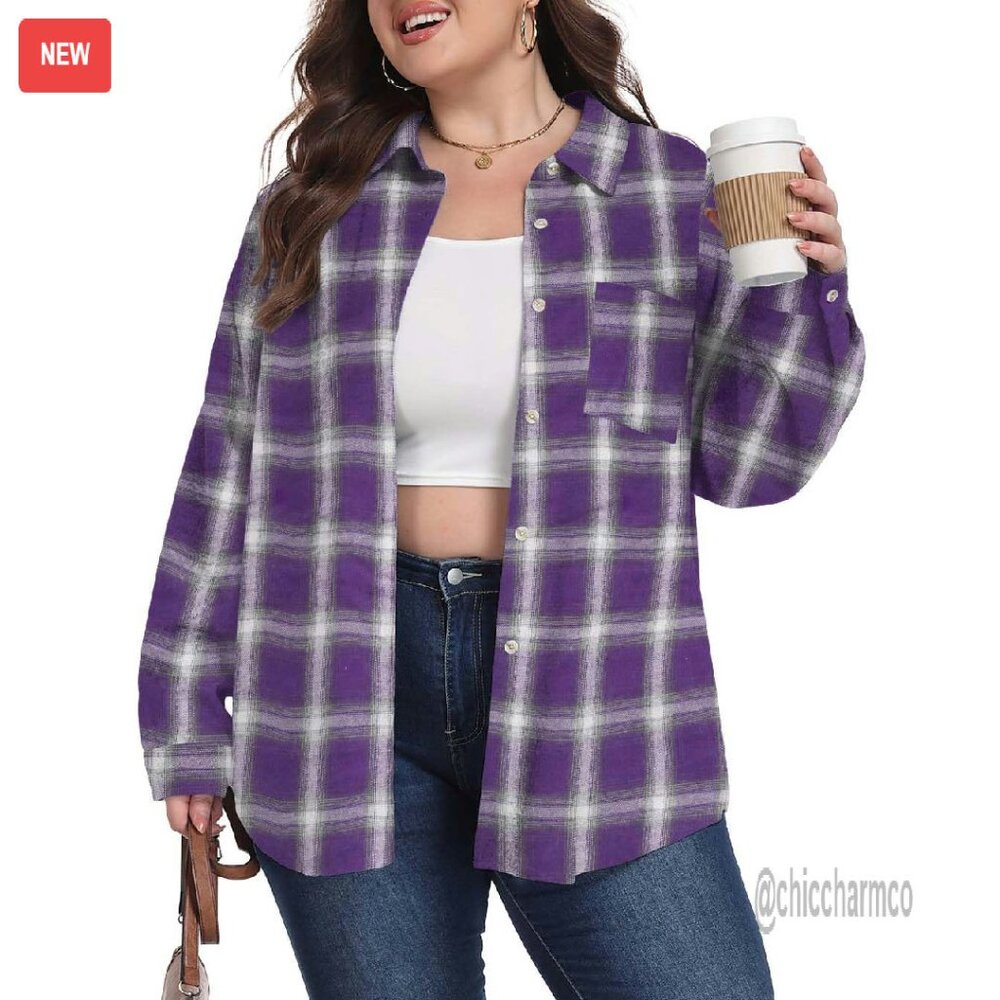 Plus Size Flannel Button Down Shirt Lightweight O… - image 1